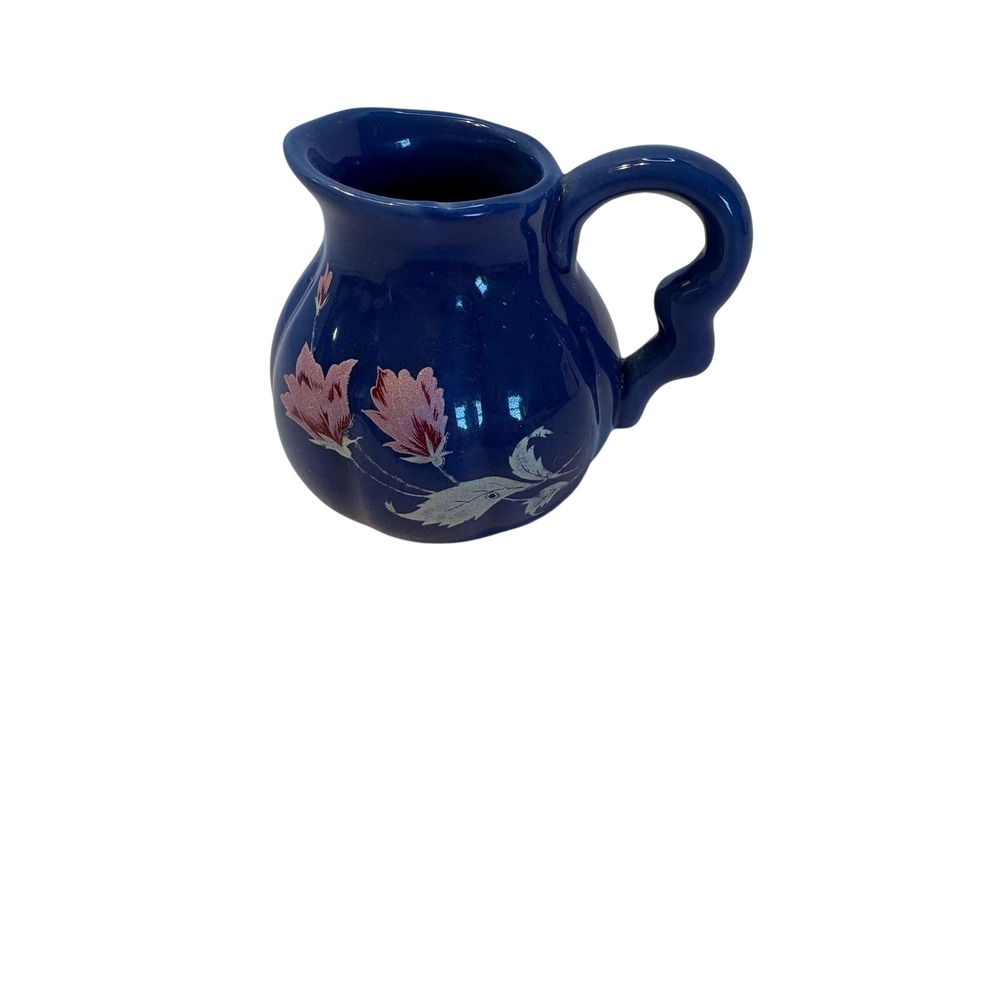 Creamer Mini Pitcher Cobalt Blue Pink Floral Hand Painted Ceramic Vase Vintage